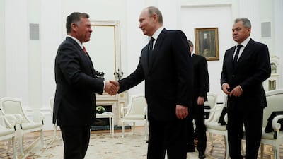 Russian President Vladimir Putin shakes hands with King Abdullah of Jordan during their meeting at the Kremlin in Moscow on February 15, 2018. Sergei Chirikov / Reuters