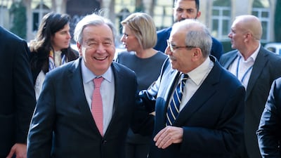 Lebanese Prime Minister Nawaf Salam, right, and United Nations Secretary General Antonio Guterres in Beirut. AFP