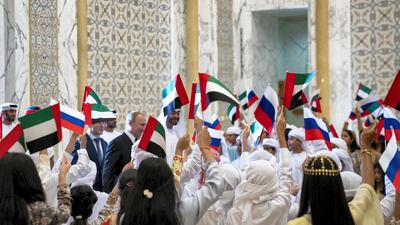 Mohamed bin Zayed receives Russian President Vladimir Putin at Qasr Al Watan, commencing a state visit to the UAE. Courtesy: Ministry of Presidential Affairs