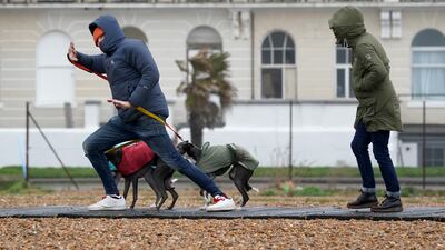 Friday morning brought wet and windy weather to the south of England, with a couple of dog walkers struggling against strong winds in Folkestone, Kent. PA