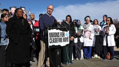 Shawn Fain, president of UAW, joins politicians at a press conference calling for a ceasefire in Gaza. Getty Images / AFP