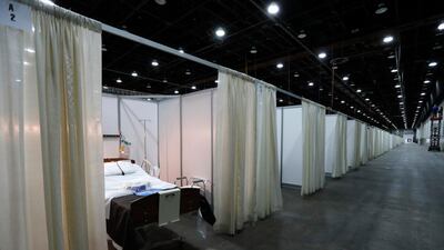 A hospital bed in one of the temporary rooms at the TCF Center in Detroit. AP Photo