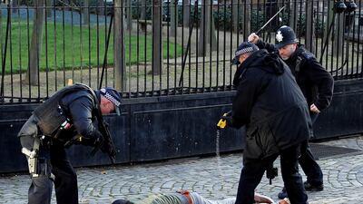 Police taser a man inside the grounds of the Houses of Parliament. Reuters