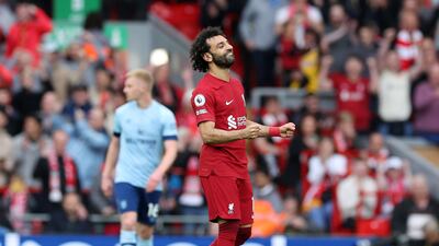 LIVERPOOL, ENGLAND - MAY 06: Mohamed Salah of Liverpool celebrates after scoring their sides first goal during the Premier League match between Liverpool FC and Brentford FC at Anfield on May 06, 2023 in Liverpool, England. (Photo by Alex Livesey / Getty Images)