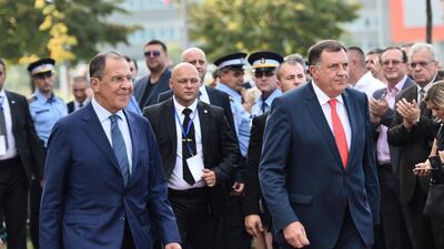 Minister of Foreign Affairs of Russia Sergei Lavrov, left, accompanied by President of Republic of Srpska, a region of Bosnia-Herzegovina, Milorad Dodik, right. AP