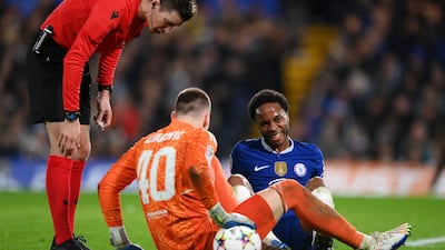 Chelsea's Raheem Sterling after colliding with Zageb goalkeeper Dominik Livakovic. Getty