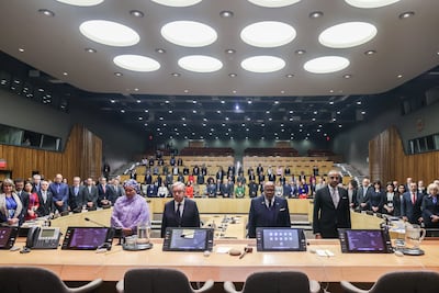 A minute of silence in remembrance of aid workers killed in Gaza is held at the UN in New York on November 13, 2023. Anadolu