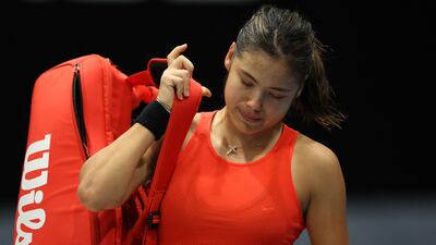 An emotional Emma Raducanu leaves the court after retiring during her second round match against Viktoria Kuzmova at ASB Classic. Getty