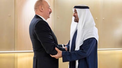 President Sheikh Mohamed receives Azerbaijan's President Ilham Aliyev in Abu Dhabi on Monday. Photo: UAE Presidential Court