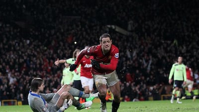 Javier Hernandez celebrates scoring Manchester United’s fourth goal against Newcastle United at Old Trafford two years ago. David Klein / AP Photo