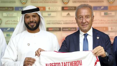 Alberto Zaccheroni, right, alongside UAE FA president Marwan bin Ghalaita during the Italian's introductory press conference. Chris Whiteoak / The National
