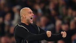 MANCHESTER, ENGLAND - APRIL 22: Pep Guardiola, Manager of Manchester City, celebrates his side's second goal scored by Matheus Nunes of Manchester City (not pictured) during the Premier League match between Manchester City FC and Aston Villa FC at Etihad Stadium on April 22, 2025 in Manchester, England. (Photo by Carl Recine / Getty Images)