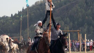Kyrgyz artists perform during the World Nomad Games in Kyrgyzstan on Wednesday. Igor Kovalenko / EPA