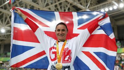 Sarah Storey on the podium after winning gold in the Women's C5 3000m Individual Pursuit Final in Rio in 2016. PA