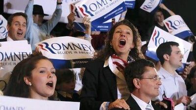 Supporters of Mitt Romney. the Republican US presidential candidate and former Massachusetts Governor, cheer at his Super Tuesday rally in Boston.