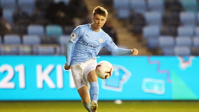 James McAtee of Manchester City scores during a Premier League 2 match against Tottenham Hotspur.