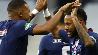 Neymar celebrates with teammate Kylian Mbappe. EPA