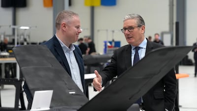 UK Prime Minister Keir Starmer looks at drones during a recent visit to a defence tech company in Swindon, England. Getty