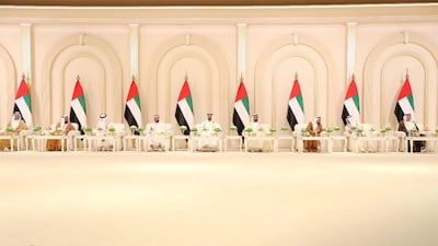 The UAE's Rulers and Crown Princes attend the wedding of Sheikh Hamdan bin Mohammed, Crown Prince of Dubai, Sheikh Maktoum bin Mohammed, Deputy Ruler of Dubai, and Sheikh Ahmed bin Mohammed, Chairman of the Mohammed bin Rashid Al Maktoum Knowledge Foundation, on Thursday at Dubai World Trade Centre. Courtesy Dubai Media Office