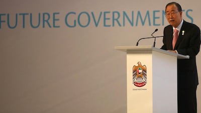 United Nations Secretary General Ban Ki-moon gives a speech during the opening session of the three-day Government Summit in Dubai. Marwan Naamani / AFP Photo