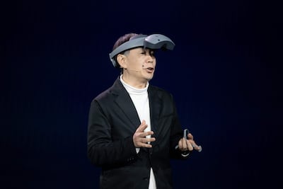 Yoshinori Matsumoto, executive deputy president at Sony, presenting the company's mixed-reality headset at CES 2024 in Las Vegas. AFP