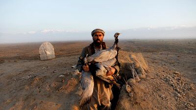 An Afghan hunter carries artificial cranes at a field in Bagram, Parwan province, Afghanistan. Reuters