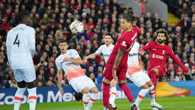 Liverpool attacker Mohamed Salah shoots for goal. AP
