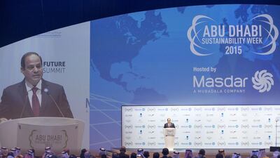President Abdel Fattah El-Sisi of Egypt delivers a speech during the opening ceremony of the World Future Energy Summit during Abu Dhabi Sustainability Week at ADNEC. Donald Weber / Crown Prince Court