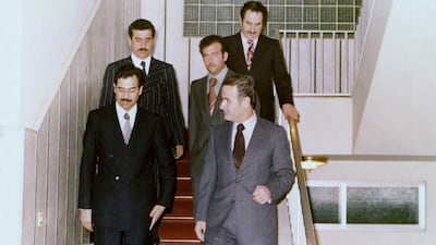 Iraq's Saddam Hussein with Syria's Hafez Al Assad in 1978. Sipa / Shutterstock
