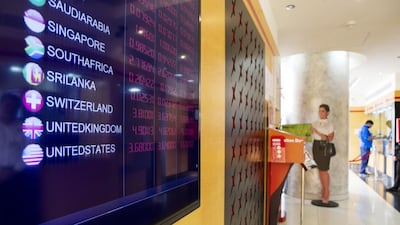 Exchange rates are seen at a UAE Exchange branch in the Al Sayegh Centre on Hamdan bin Mohammed street near the World Trade Center in Abu Dhabi. Christopher Pike / The National