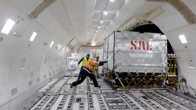 The stalls are loaded and placed inside the Saudi Arabian jumbo jet.