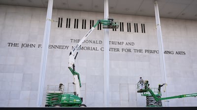 New signage was put up at the Kennedy Centre in Washington a day after the board of trustees approved the change. AP