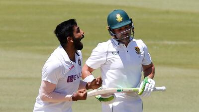 India's Jasprit Bumrah celebrates after taking the wicket of South Africa's Dean Elgar. Reuters
