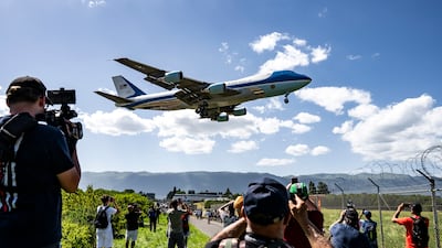 Air Force One lands at Geneva Airport, with Mr Trump among the leaders to attend the summit. EPA