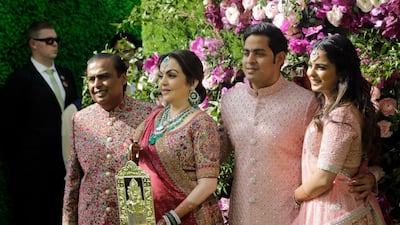 Reliance Industries Chairman Mukesh Ambani, left, his wife Nita Ambani, second left, son Akash Ambani and daughter Isha arrive for Akash's wedding in Mumbai, India, Saturday, March 9, 2019. Photo: AP