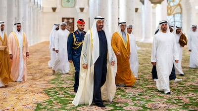 Sheikh Mohamed arrives at Sheikh Zayed Grand Mosque, with Sheikh Mansour and Sheikh Saif