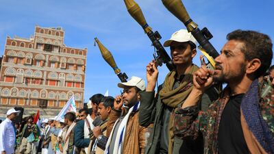 Houthi supporters attend a rally against US in Sanaa. AFP