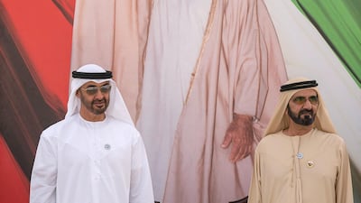 Sheikh Mohammed bin Zayed, Crown Prince of Abu Dhabi and Deputy Supreme Commander of the Armed Forces and Sheikh Mohamed bin Rashid, Vice-President and Ruler of Dubai, attend the wedding reception of Mohamed Al Bowardi (not shown), at the Armed Forces Officers Club. Mohammed Al Hammadi / Crown Prince Court - Abu Dhabi