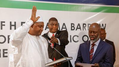 Adama Barrow is sworn in as president of Gambia at the Gambian embassy in Dakar on January 19, 2017. Senegalese Presidency / AFP