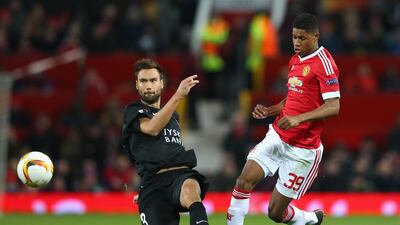 Marcus Rashford and Tim Sparv of Midtjylland. Getty