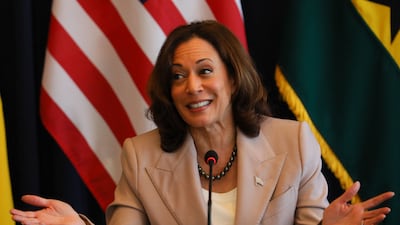 US Vice President Kamala Harris speaks with Ghanaian women entrepreneurs in Accra, Ghana, on March 29. AFP