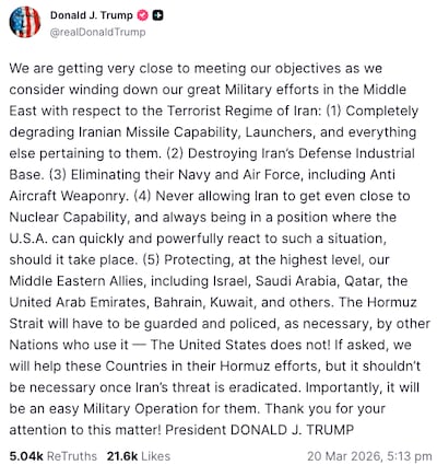 US President Donald Trump posted this message on Truth Social on March 20, 2026.