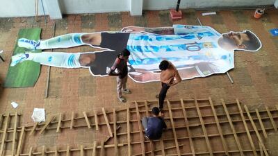 The nine-metre high tribute to Lionel Messi. Photo: Pullavoor football fans