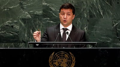 Ukraine's President Volodymyr Zelensky holds a bullet as he addresses the 74th session of the United Nations General Assembly. AP Photo