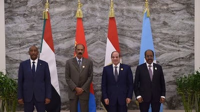 Egyptian President Abdel Fattah El Sisi hosts Sudan's de facto leader Gen Abdel Fattah Al Burhan, left, President of Eritrea Isaias Afwerki, second left, and President Hassan Sheikh Mohamud of Somalia, right, at a meeting in Alamein on October 4, 2026. Egyptian Presidency / Anadolu via Getty Images