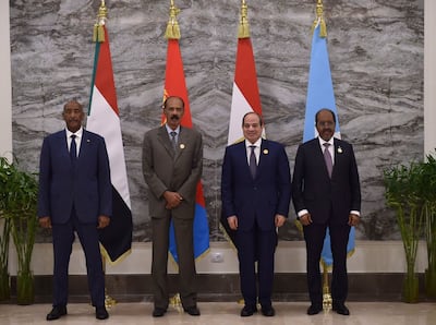 Egyptian President Abdel Fattah El Sisi hosts Sudan's de facto leader Gen Abdel Fattah Al Burhan, left, President of Eritrea Isaias Afwerki, second left, and President Hassan Sheikh Mohamud of Somalia, right, at a meeting in Alamein on October 4, 2026. Egyptian Presidency / Anadolu via Getty Images