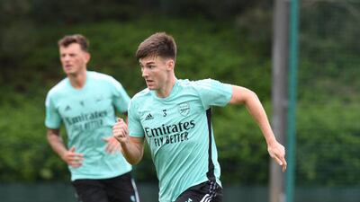 Arsenal wing-back Kieran Tierney of Arsenal during a training session at London Colney on Tuesday, August 17.
