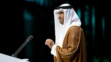 ABU DHABI, UNITED ARAB EMIRATES - January 13, 2026: HE Dr Sultan bin Ahmed Al Jaber, UAE Minister of Industry and Advanced Technology Group CEO of ADNOC and Chairman of Masdar (C) delivers a speech during the opening ceremony of Abu Dhabi Sustainability Week (ADSW 2026), at Abu Dhabi National Exhibition Centre (ADNEC). ( Abdulla Al Bedwawi / UAE Presidential Court ) ---