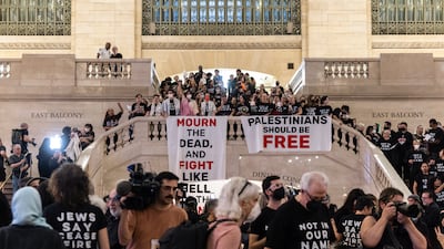 Protesters gather at Grand Central Terminal during a rally calling for a ceasefire between Israel and Hamas. AP Photo