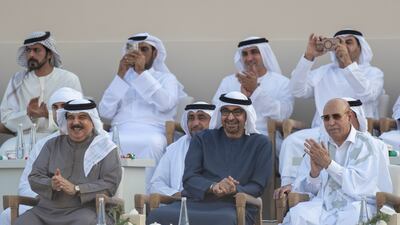 Sheikh Mohamed watches the proceedings with King Hamad of Bahrain, and Mohamed Ould Ghazouani, President of Mauritania. Mohamed Al Baloushi for the Presidential Court